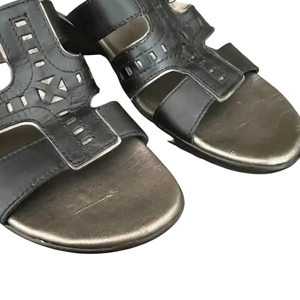 Clarks Bendables Ella Celtic Sandals 8.5 Black Leather Laser Cutout Wedge Slide